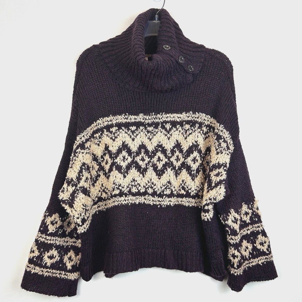 Free People Sweater Women Small Oversized Chunky Knit Turtleneck Plum Boho